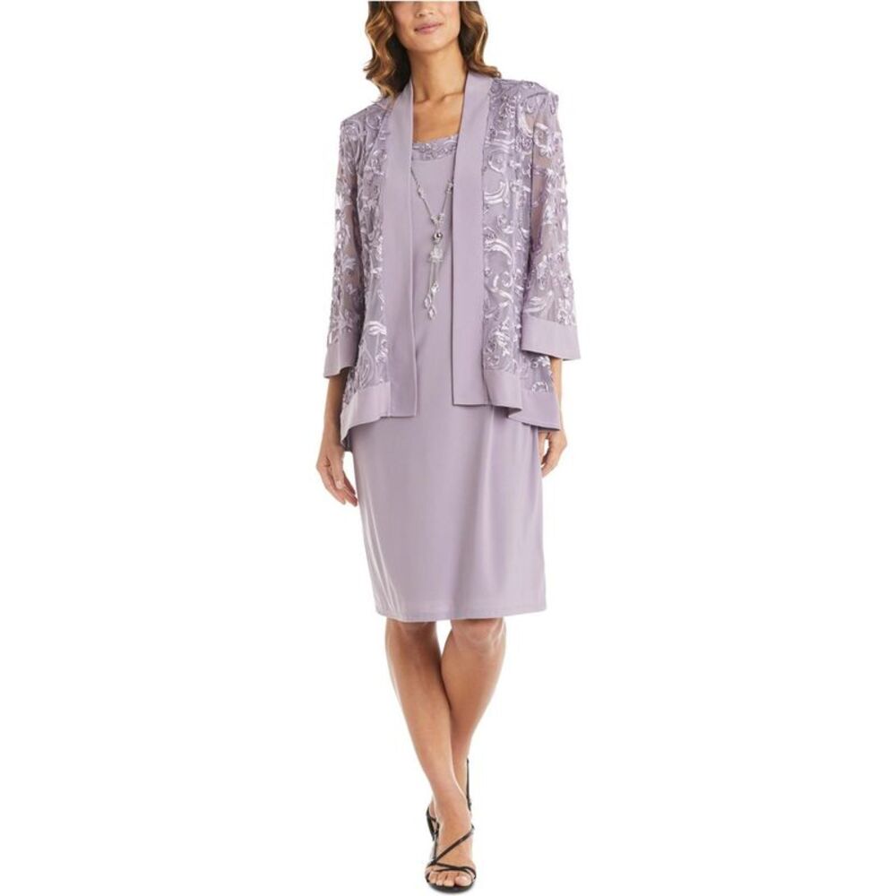 R & M Richards Womens 2 Piece with Necklace Dress Suit, Purple, 6, MP